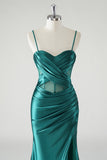 Dark Green Ruched Corset Satin Slit Mermaid Prom Dress with Lace-up Back