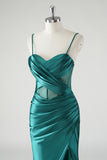Dark Green Ruched Corset Satin Slit Mermaid Prom Dress with Lace-up Back