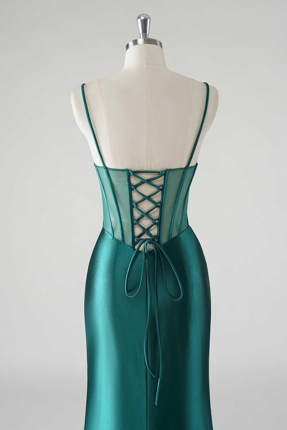 Dark Green Ruched Corset Satin Slit Mermaid Prom Dress with Lace-up Back