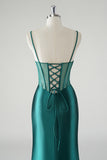 Dark Green Ruched Corset Satin Slit Mermaid Prom Dress with Lace-up Back