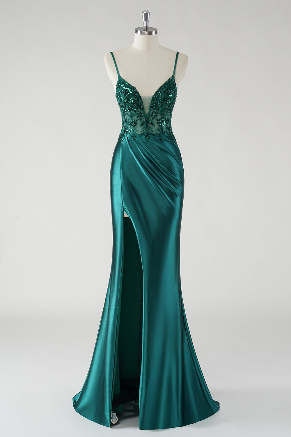 Backless Dark Green Sequined Applique Mermaid Satin Prom Dress with Slit