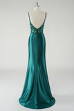 Backless Dark Green Sequined Applique Mermaid Satin Prom Dress with Slit