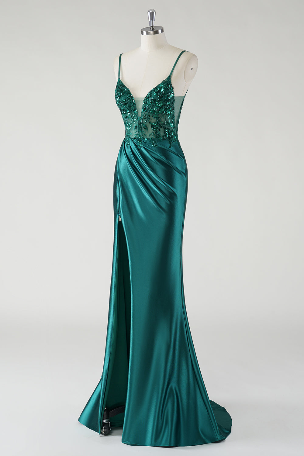 Backless Dark Green Sequined Applique Mermaid Satin Prom Dress with Slit