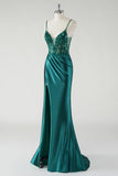 Backless Dark Green Sequined Applique Mermaid Satin Prom Dress with Slit