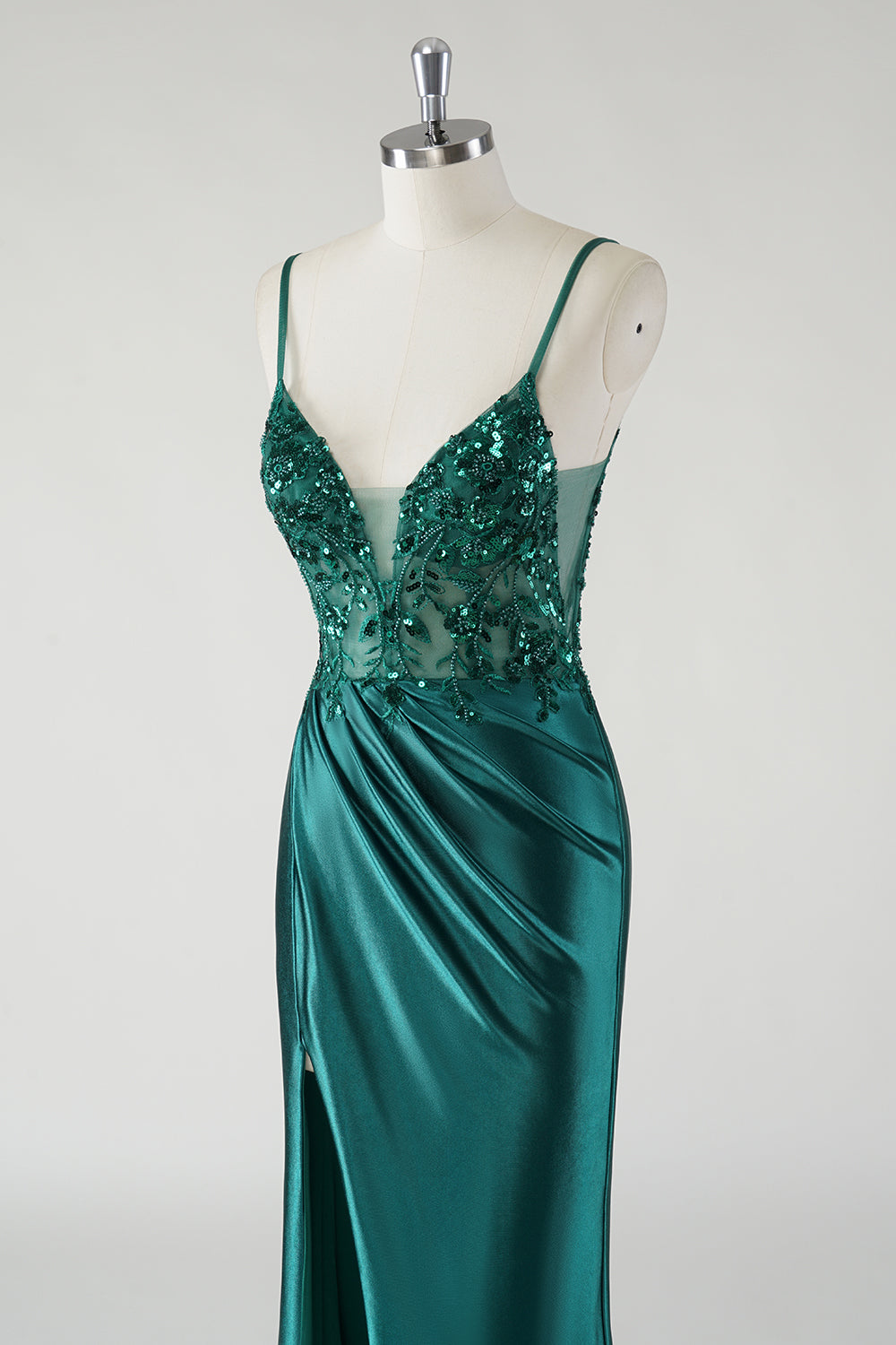 Backless Dark Green Sequined Applique Mermaid Satin Prom Dress with Slit