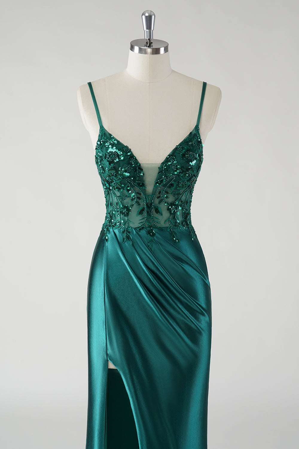 Backless Dark Green Sequined Applique Mermaid Satin Prom Dress with Slit