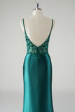 Backless Dark Green Sequined Applique Mermaid Satin Prom Dress with Slit
