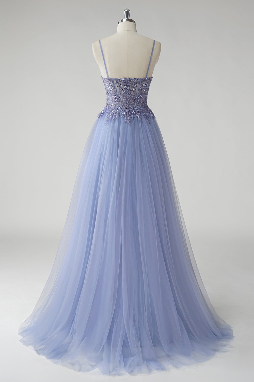 Beaded Tulle A Line Grey Blue Prom Dress with Slit