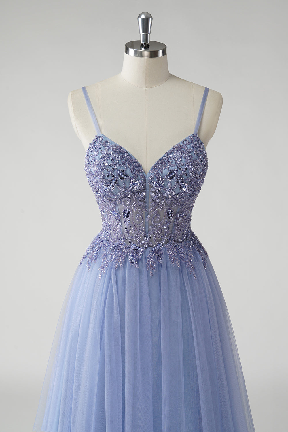 Beaded Tulle A Line Grey Blue Prom Dress with Slit