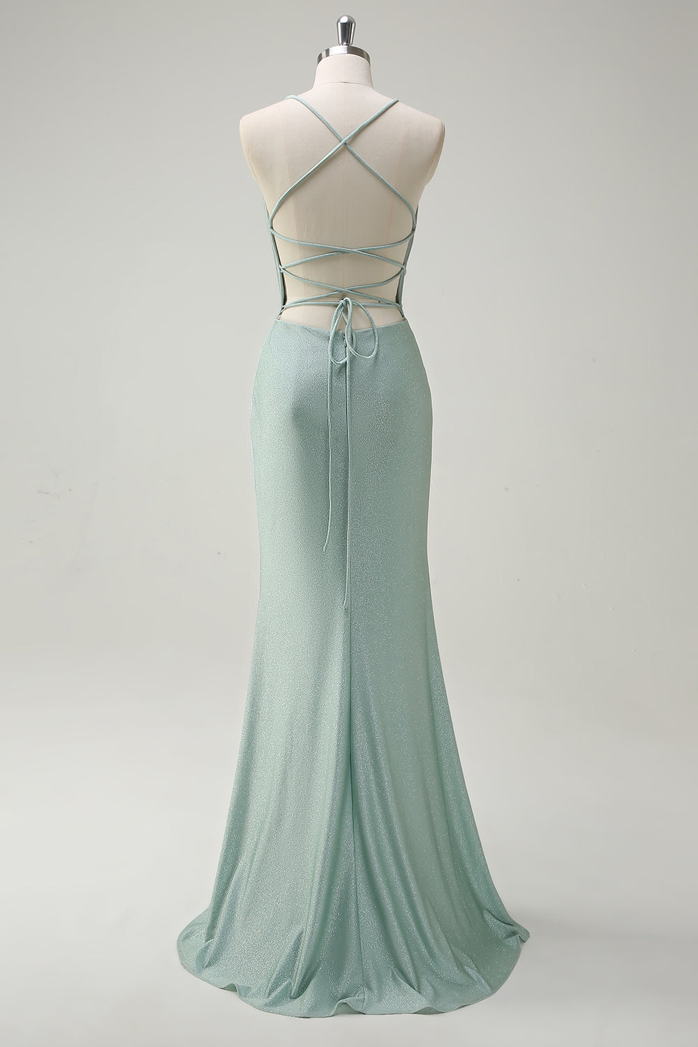 Glitter Sage Mermaid Spaghetti Straps Long Prom Dress with Lace Up Back