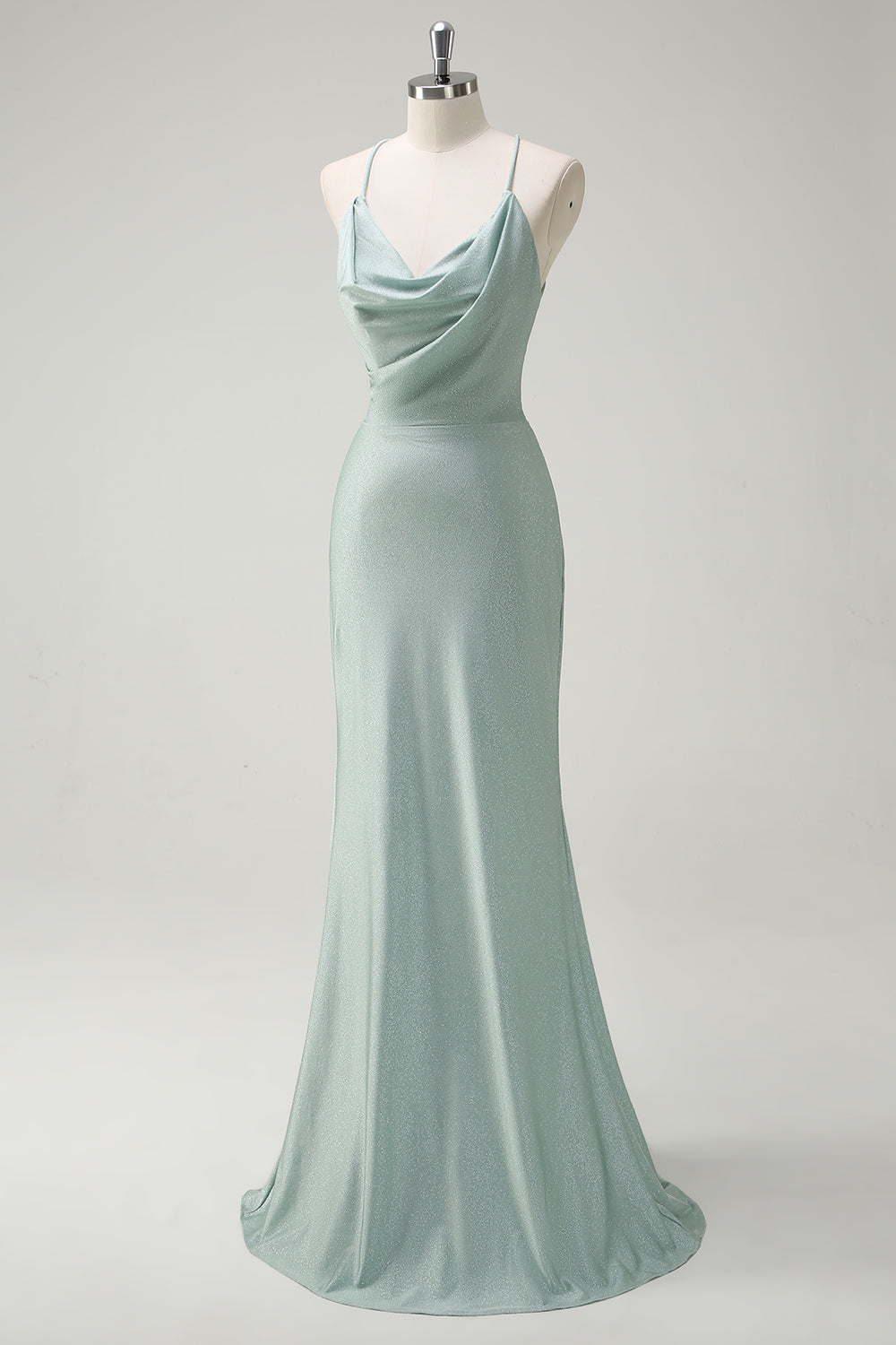 Glitter Sage Mermaid Spaghetti Straps Long Prom Dress with Lace Up Back
