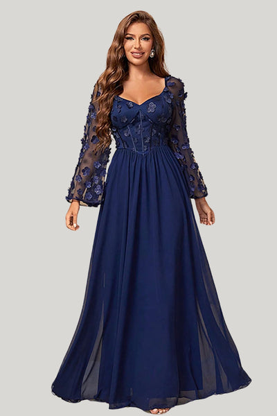 pierre long sleeve lace maxi dress - navy Berylove Women Wedding Guest Dress Navy A Line Long Sleeves Corset Maxi Dress with Long Sleeves, Navy / S