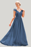 Grey Blue A-Line V-Neck Sleeveless Maxi Dress