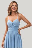 Dusty Blue A Line Spaghetti Straps Long Maxi Dress With Slit