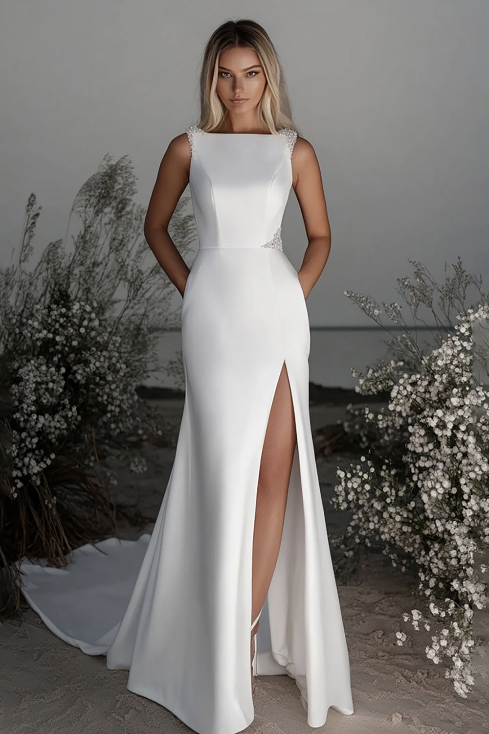 Simple Ivory Boat Neck Slit Satin Wedding Dress