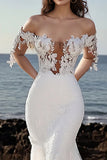 Romantic Ivory Lace Applique Off the Shoulder Tulle Mermaid Wedding Dress with Court Train