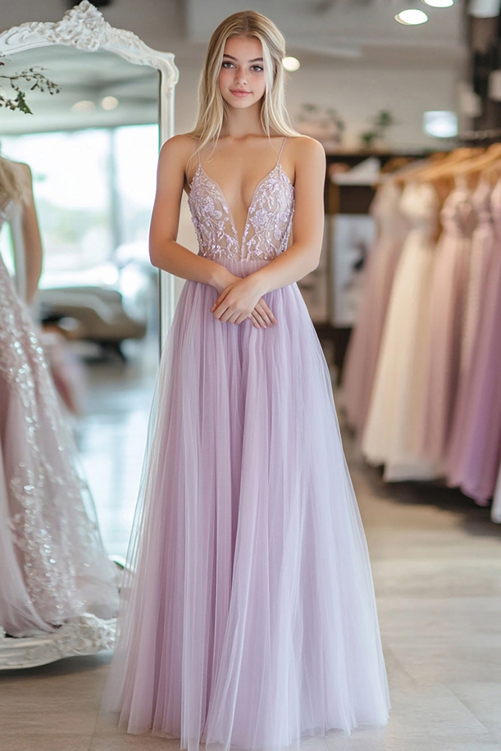 Light Purple A Line Lace Applique Tulle Maxi Prom Dress