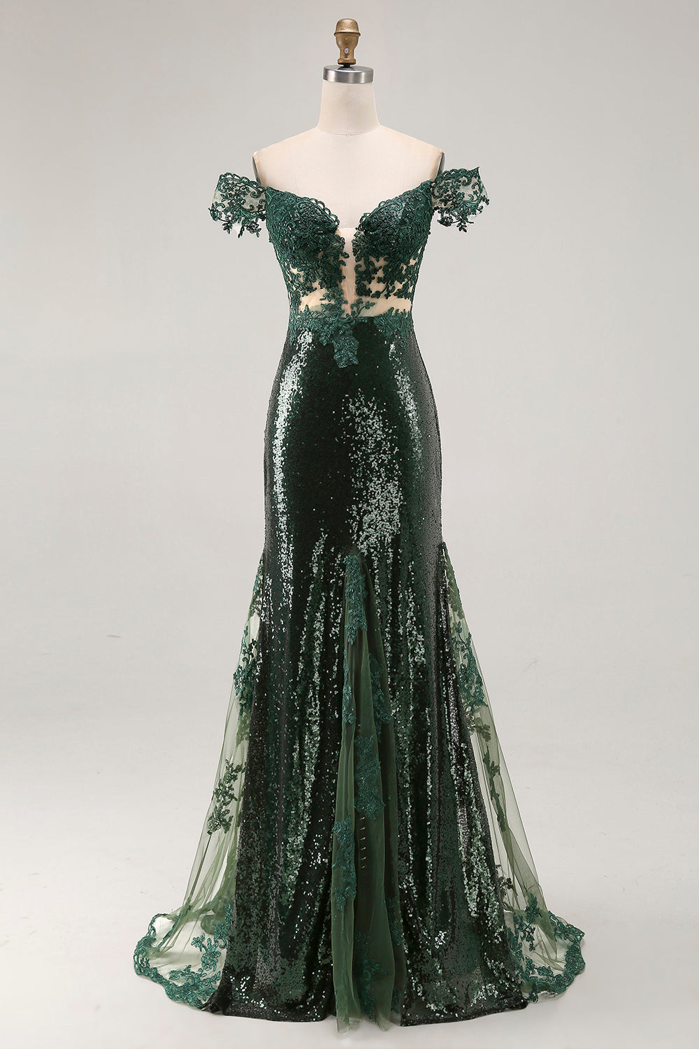 Sequined Off the Shoulder Mermaid Dark Green Prom Dress