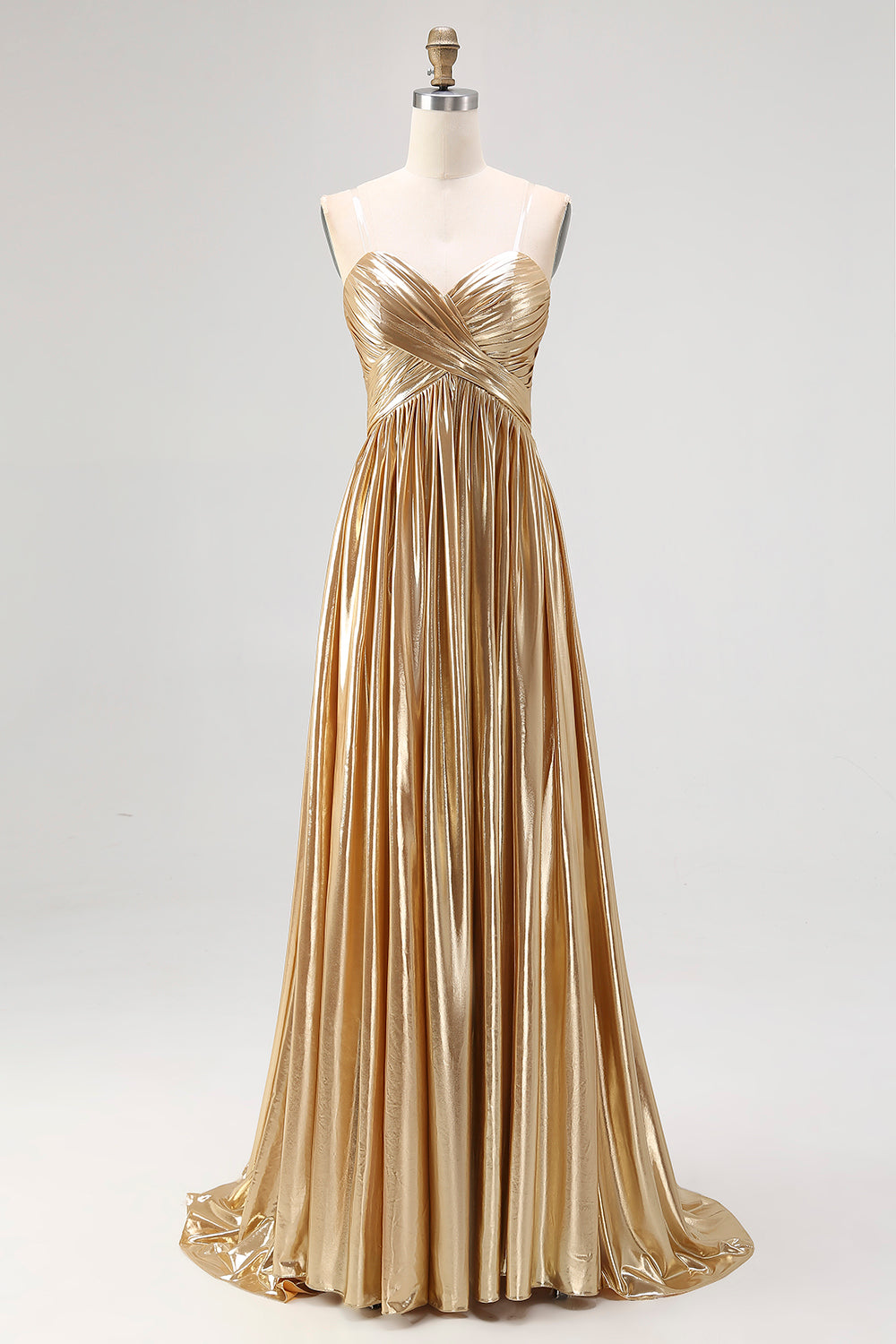 Pleated A Line Metallic Satin Gold Prom Dress