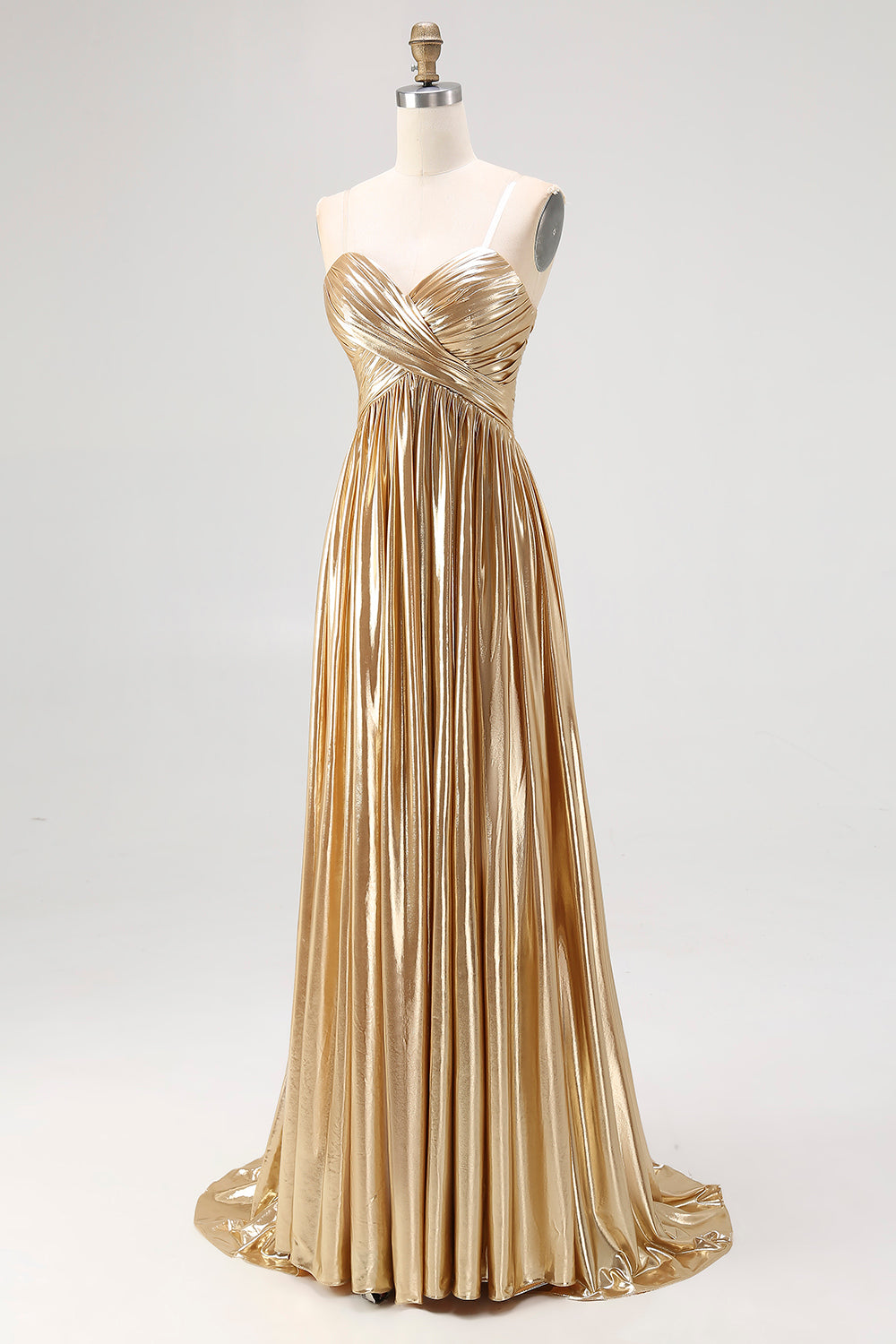 Gold Pleated A Line Metallic Satin Prom Dress