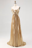 Gold Pleated A Line Metallic Satin Prom Dress