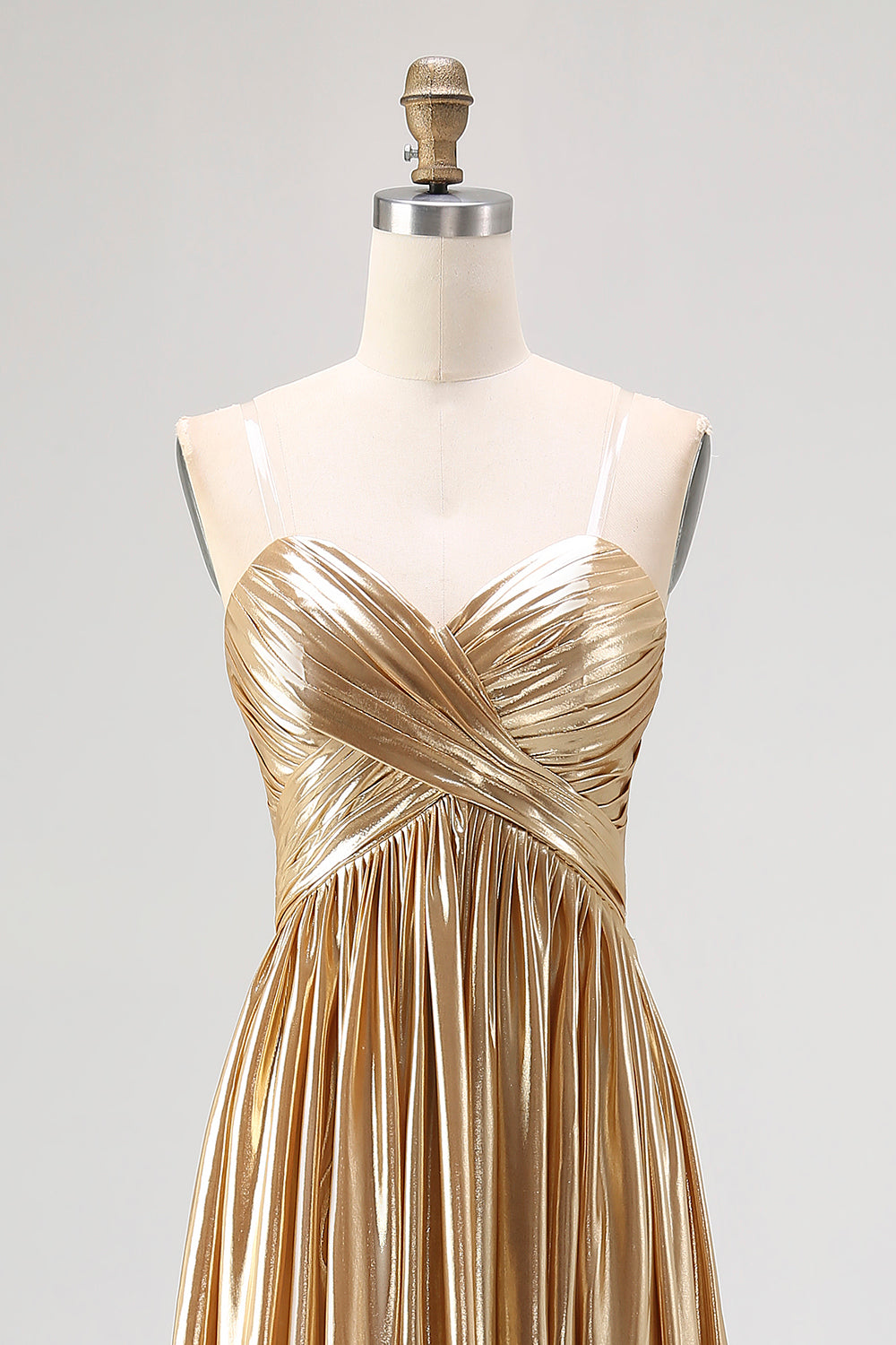 Gold Pleated A Line Metallic Satin Prom Dress