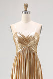 Gold Pleated A Line Metallic Satin Prom Dress