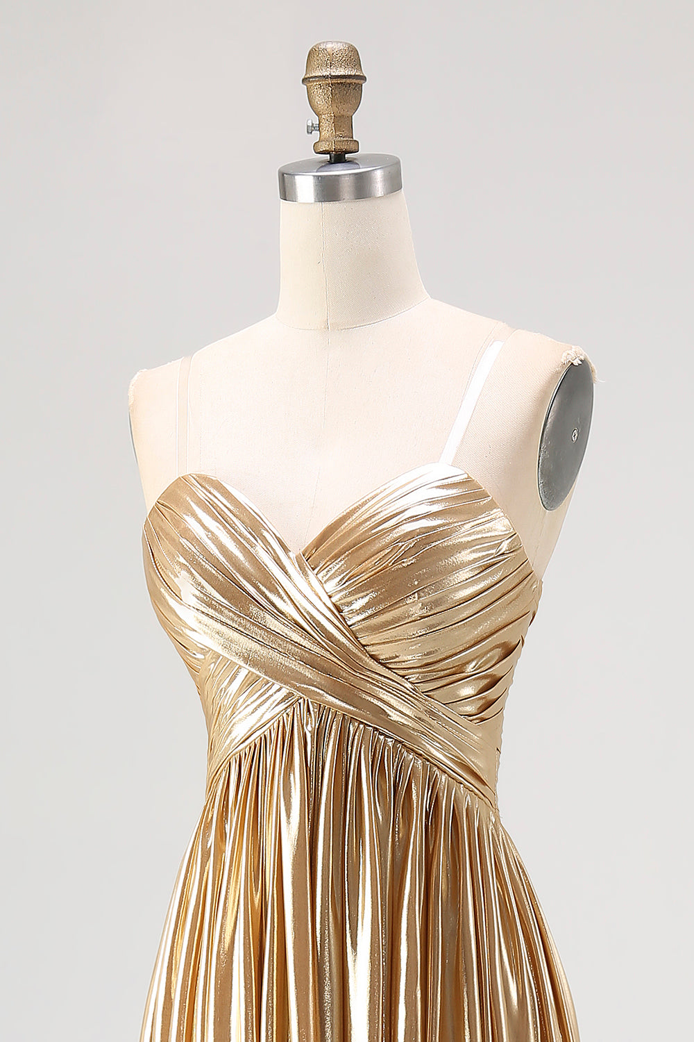 Gold Pleated A Line Metallic Satin Prom Dress