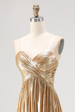 Gold Pleated A Line Metallic Satin Prom Dress