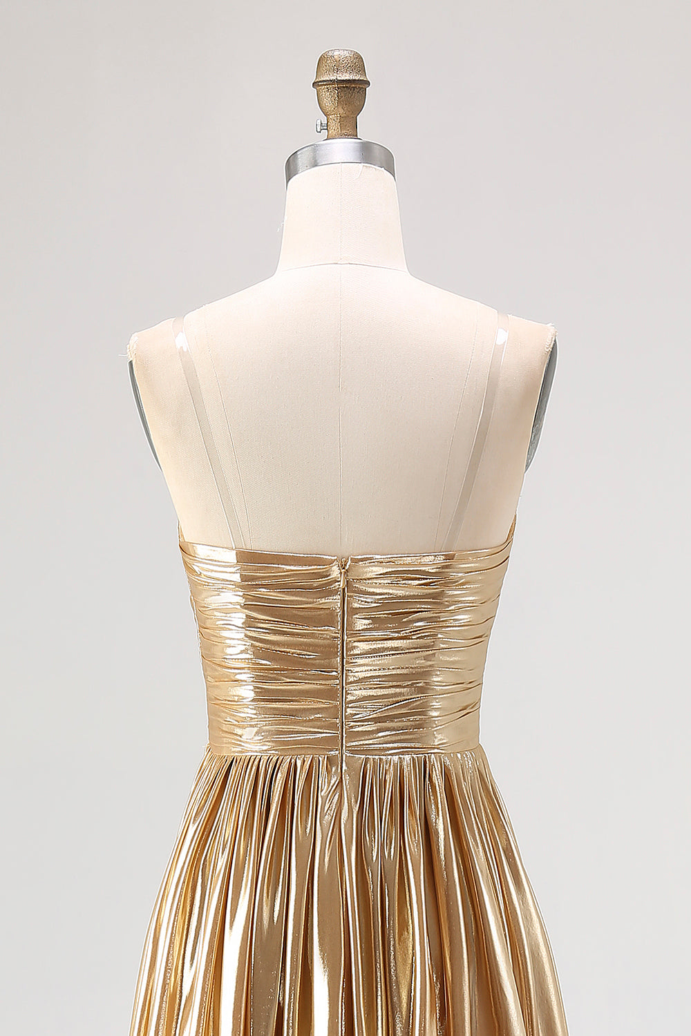 Gold Pleated A Line Metallic Satin Prom Dress
