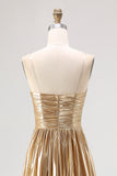 Gold Pleated A Line Metallic Satin Prom Dress