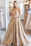Pleated Gold Metallic Satin A Line Sweetheart Prom Dress
