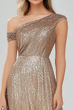 Sparkly Golden One Shoulder Sheath Formal Dress