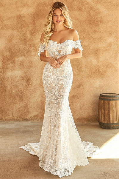 Berylove Women Sheath Ivory Wedding Dress Off the Shoulder Lace Floor Length Boho Bridal Dress, Ivory / US22W