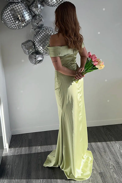 Berylove Women Green Red Carpet Dress Metallic Satin Pleated Off The  Shoulder Sheath Long Gala Ball Dress