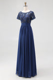 Chiffon A-Line Navy Mother Of the Bride Dress with Appliques