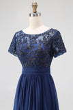 Chiffon A-Line Navy Mother Of the Bride Dress with Appliques