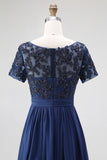 Chiffon A-Line Navy Mother Of the Bride Dress with Appliques