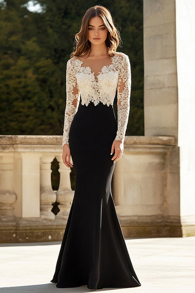Berylove Women Black Mother of the Bride Dress with Long Sleeves Satin Lace V Neck Sheath Wedding Guest Dress, Black / US16W