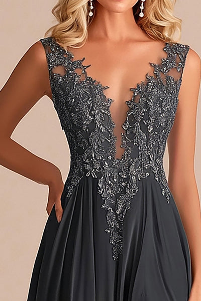 Berylove Women Charcoal Mother of the Bride Dress With Slit A Line V-Neck Appliques Chiffon Wedding Guest Dress, Charcoal / US18W Berylove Women Charcoal Mother of the Bride Dress With Slit A Line V-Neck Appliques Chiffon Wedding Guest Dress, Charcoal / US18W