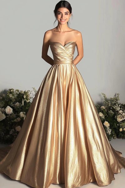 gold ball gown dress Berylove Women Elegant A Line Gala Sweetheart Satin Pleated Sleeveless Maxi This glamorous A T202064 Illusion Bodice , Größe:Size 10 pres-day-2026-10off