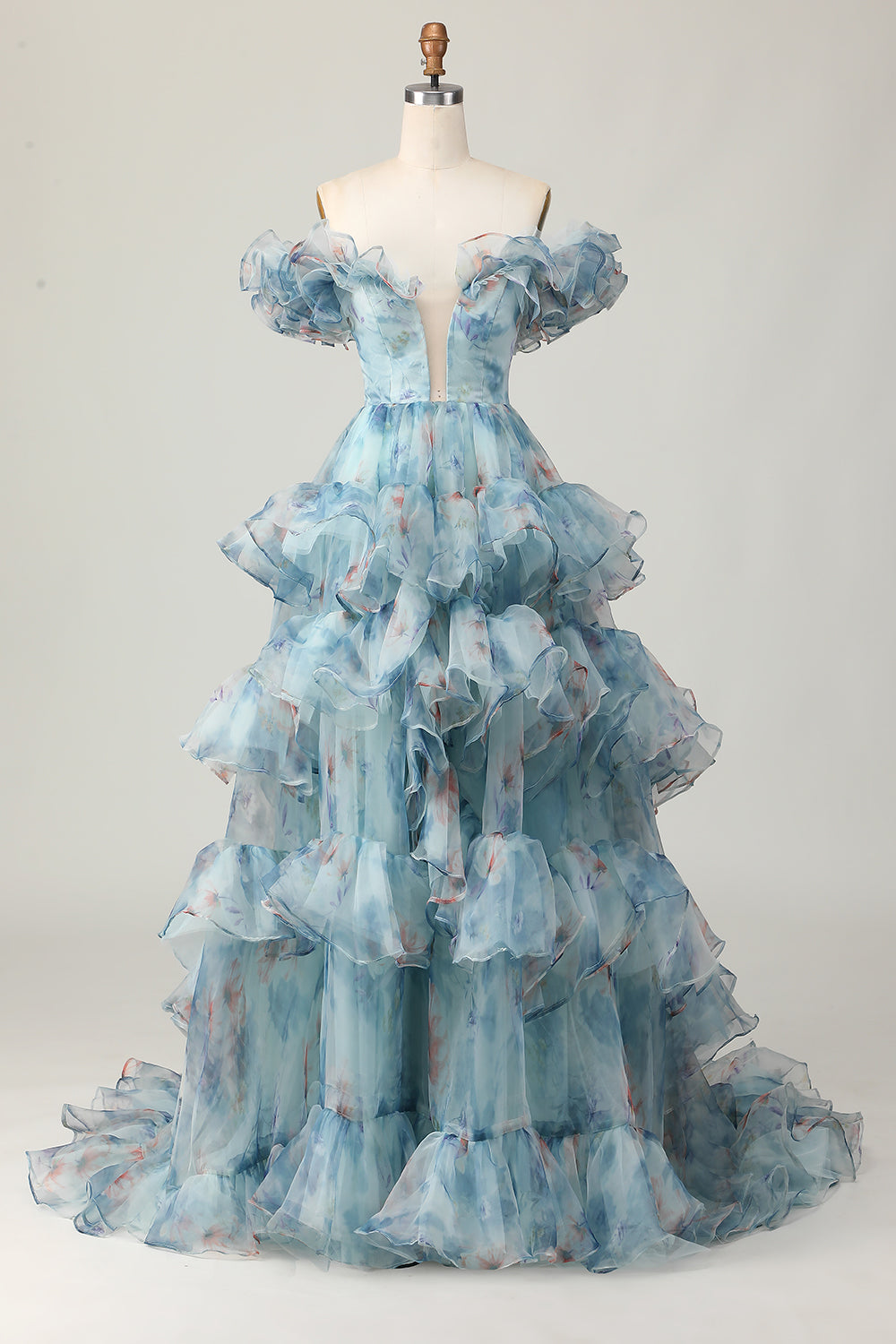 Off The Shoulder Blue Floral Prom Dress With Ruffles