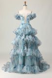 Off The Shoulder Blue Floral Prom Dress With Ruffles