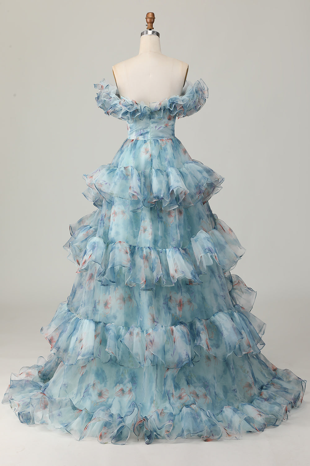 Off The Shoulder Blue Floral Prom Dress With Ruffles
