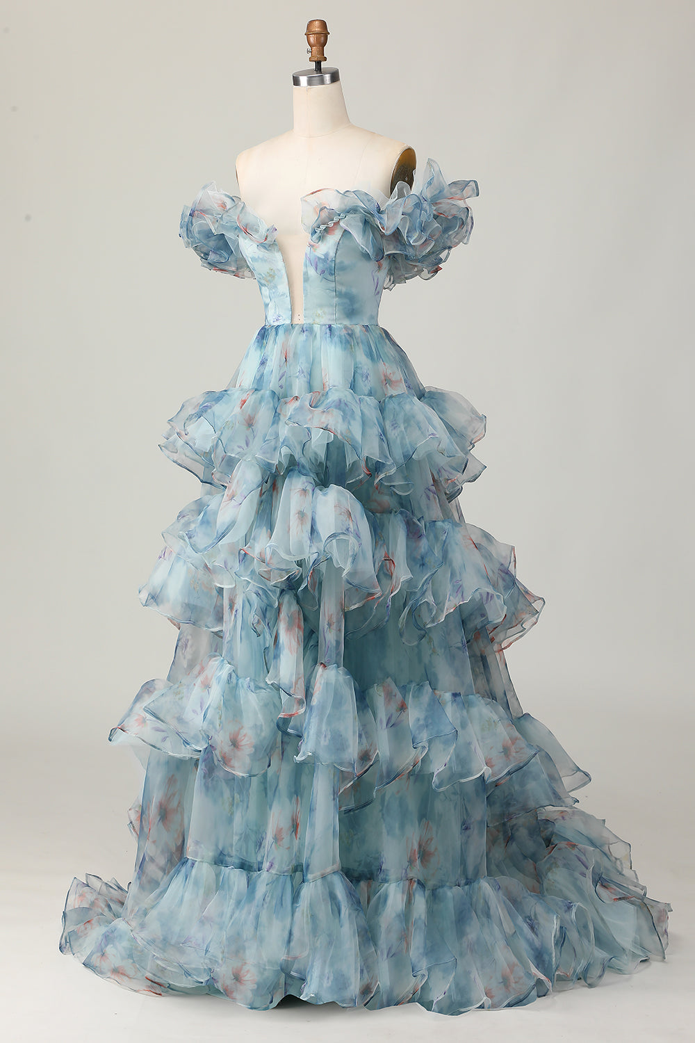 Off The Shoulder Blue Floral Prom Dress With Ruffles
