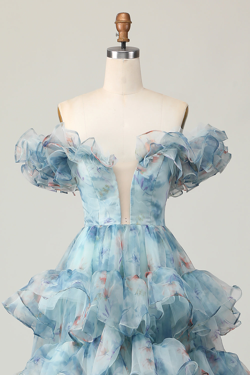 Off The Shoulder Blue Floral Prom Dress With Ruffles