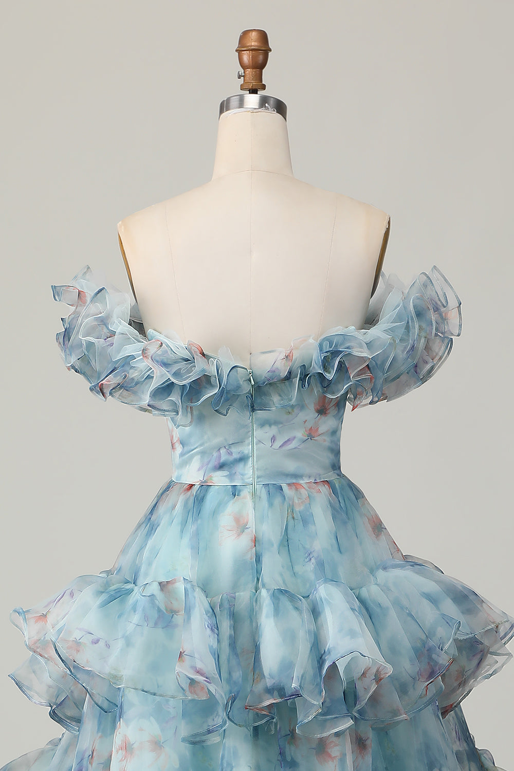 Off The Shoulder Blue Floral Prom Dress With Ruffles