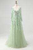 Dusty Sage Sequin A-Line Maxi Prom Dress with Long Sleeves