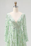 Dusty Sage Sequin A-Line Maxi Prom Dress with Long Sleeves