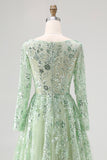 Dusty Sage Sequin A-Line Maxi Prom Dress with Long Sleeves